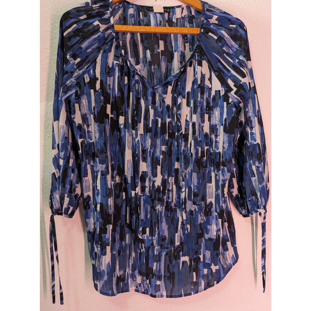 Fred David Women Blouse Blue Size Large Geometric Pattern (969D)